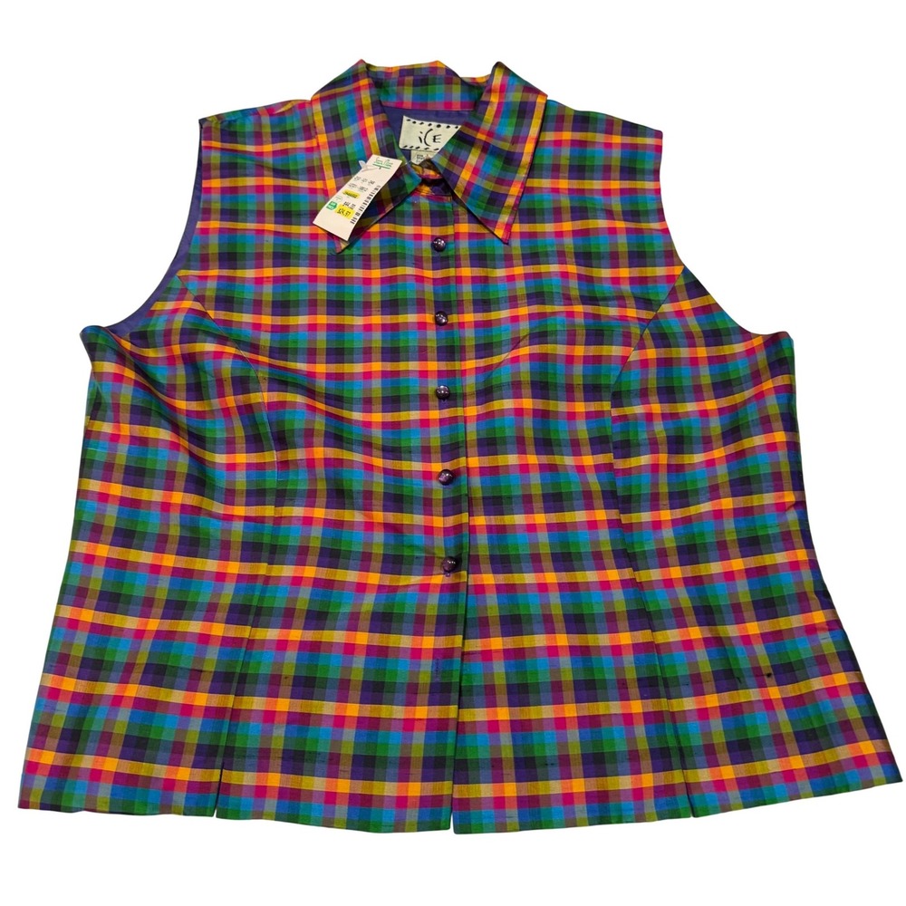 Silk Blend Plaid Top Colorful Dopamine Kidcore 90s Y2K Grandma Core NWT Neon